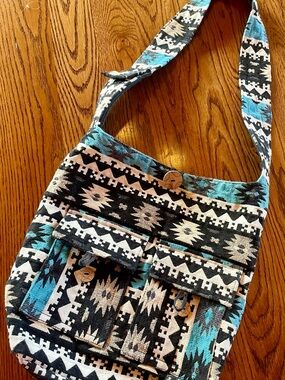 Turquoise & Black Aztec Canvas Satchel - Boho Crossbody